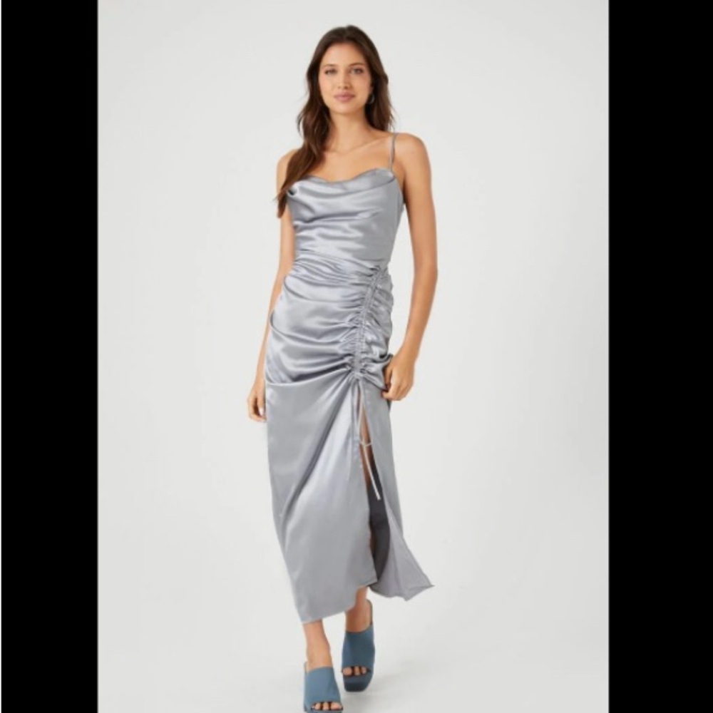 Satin Ruched Midi Silver Long Dress